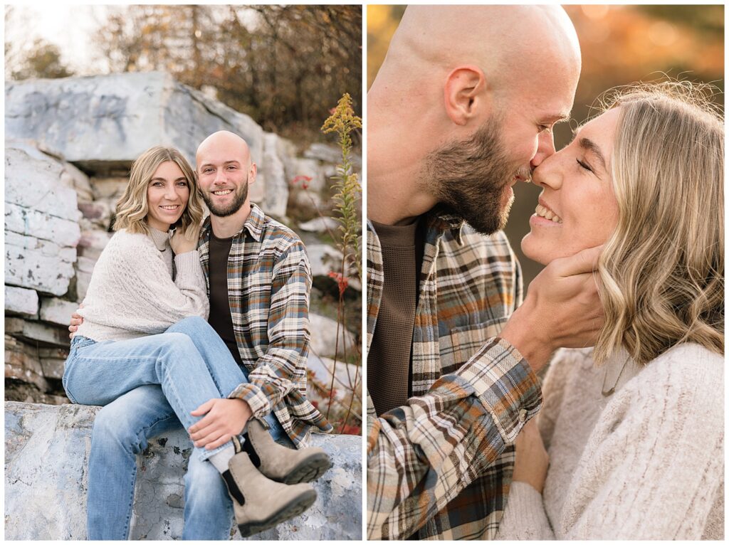 Close up of couple smiling at the camera on a rock