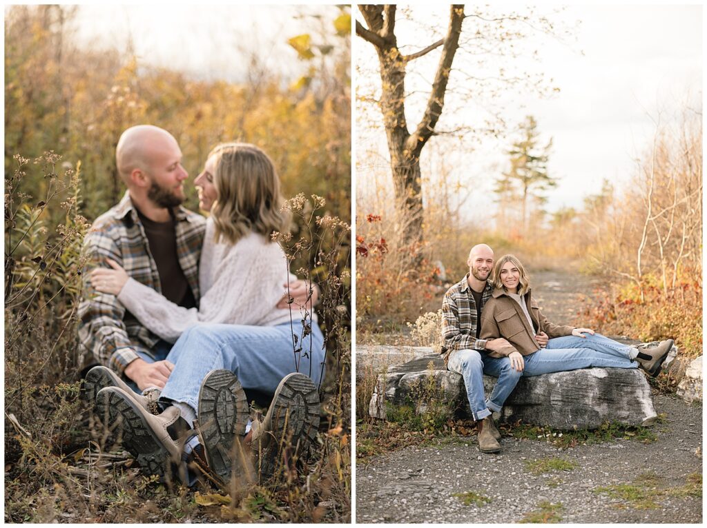 Couple sitting on rock and detail shot of couple sitting on the ground.