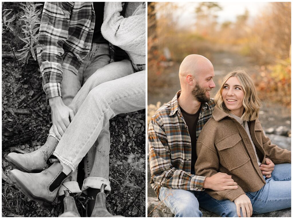Couple sitting together and detail photo of couple's boots.