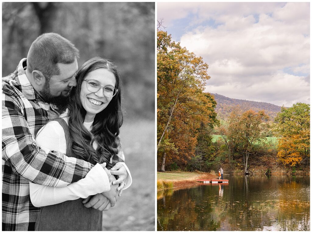 Couple hugging each other by a pond