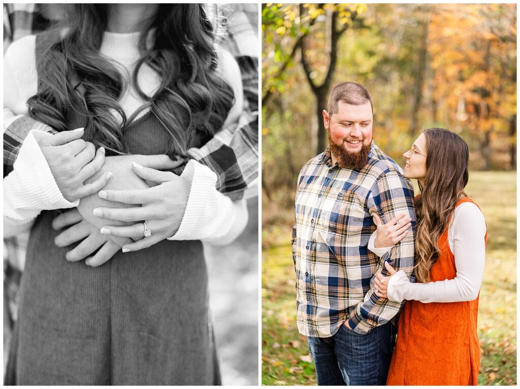 Couple hugging and smiling, close up of her ring. 