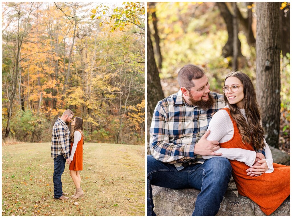 Couple standing and sitting smiling at each other. 
