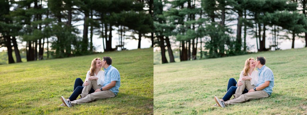 couples engagement session opossum lake sitting on hill kissing