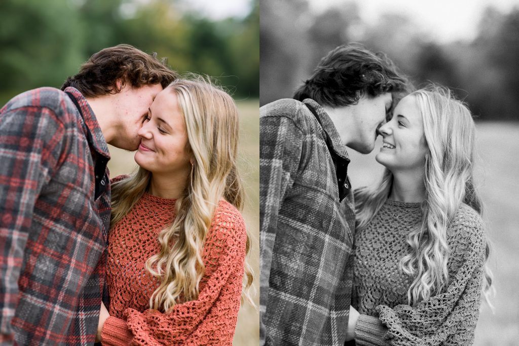 color and black and white couples session kissing on cheek 