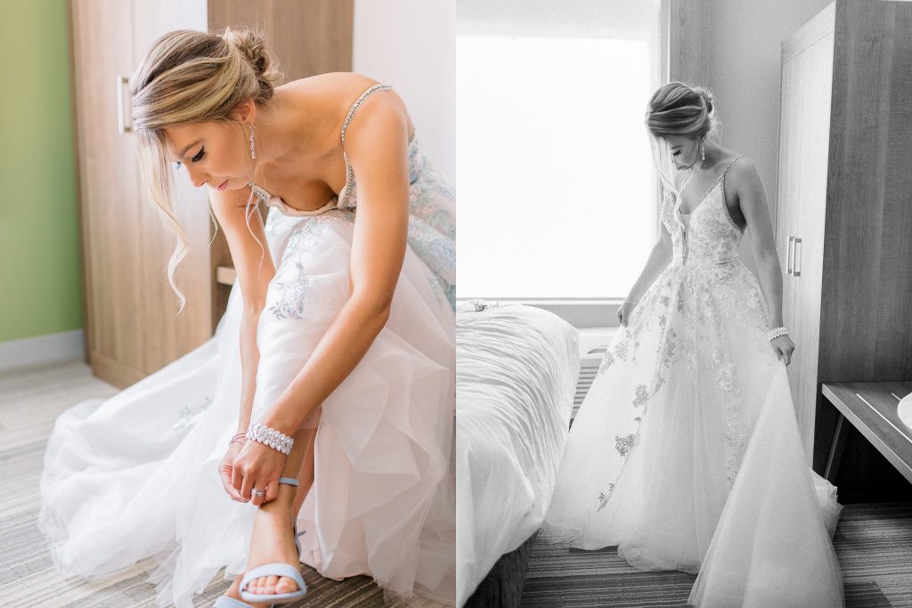 bride putting on shoes and fluffing her dress