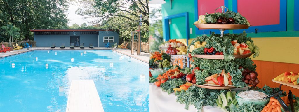 fruit tray by a pool and a pool with lanterns on it 